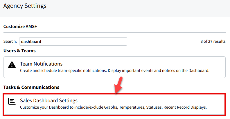 Screenshot showing the Sales Dashboard setting