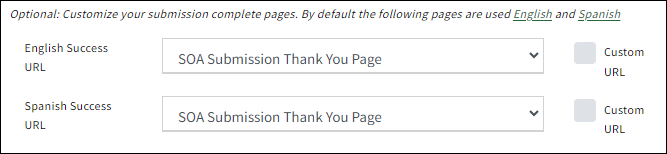 Screenshot showing the default SOA success URLs