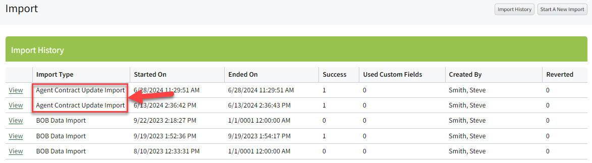 Screenshot showing Agent Contract Update Imports on the Import History page