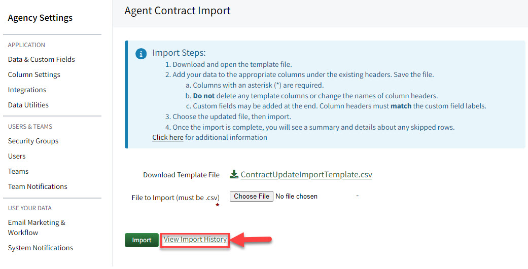 Screenshot showing how to access import history from the Agent Contract Update Import page