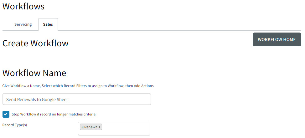 Screenshot showing the workflow's name and Record Types