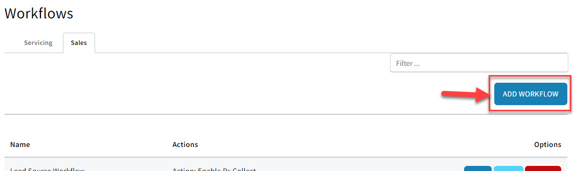 Screenshot showing how to add a new Sales Workflow