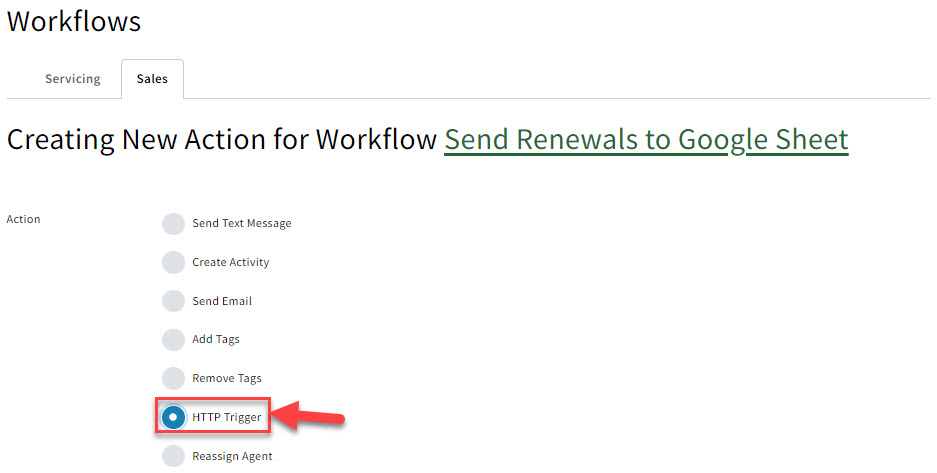 Screenshot showing the HTTP Trigger Sales Workflow action