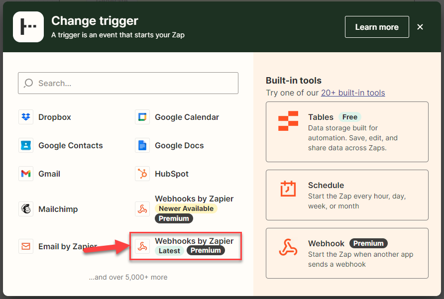 Screenshot showing a list of apps available for the Zap  Trigger