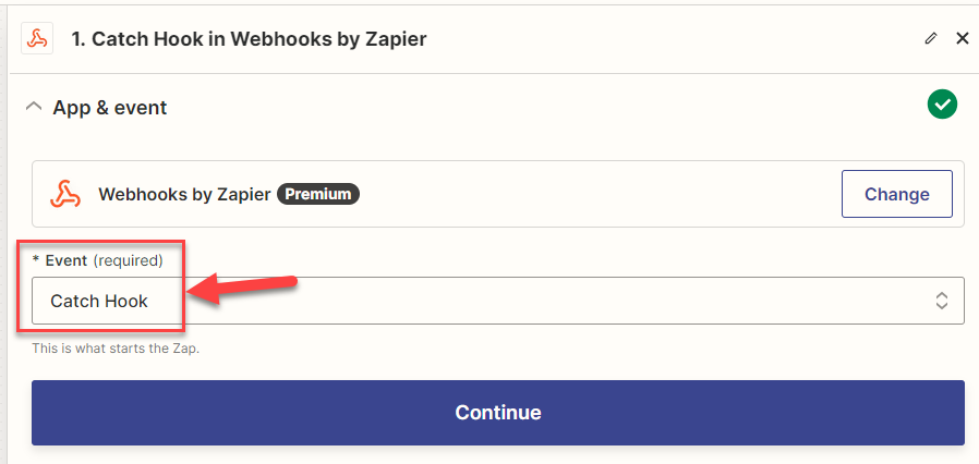 Screenshot showing the Zap Trigger's Catch Hook event