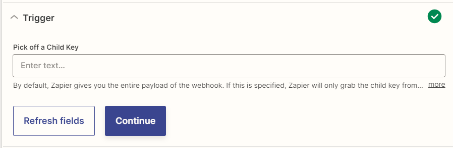 Screenshot showing to ignore the Pick off a Child Key Zap Trigger field