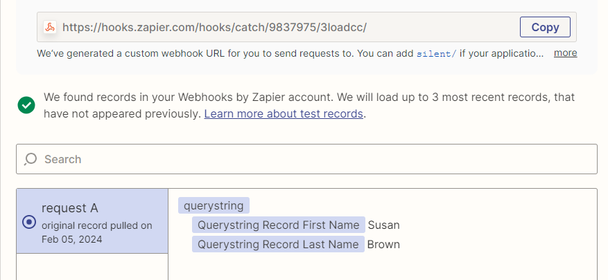 Screenshot showing test data in the Zap Trigger