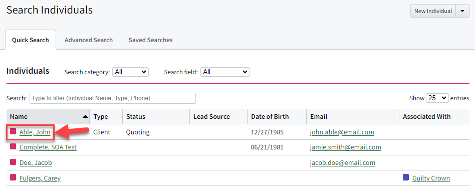 Screenshot showing a list of Individual Records in the Individual Quick Search