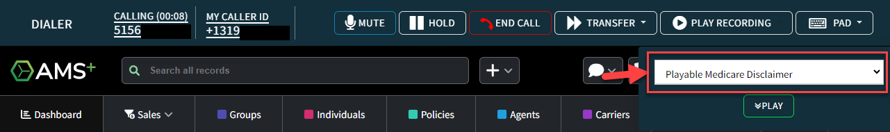Screenshot showing how to select a recording to play over the call