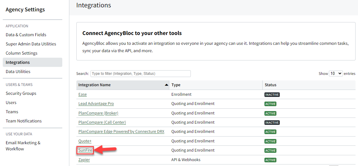 Screenshot showing SunFire in the integrations list
