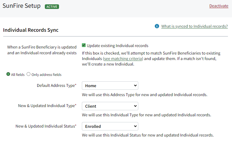 Screenshot showing the Individual enrollment sync settings for the SunFire integration