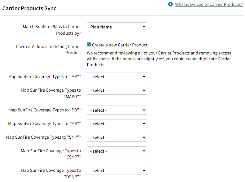 Screenshot showing the Carrier Product enrollment sync settings for the SunFire integration