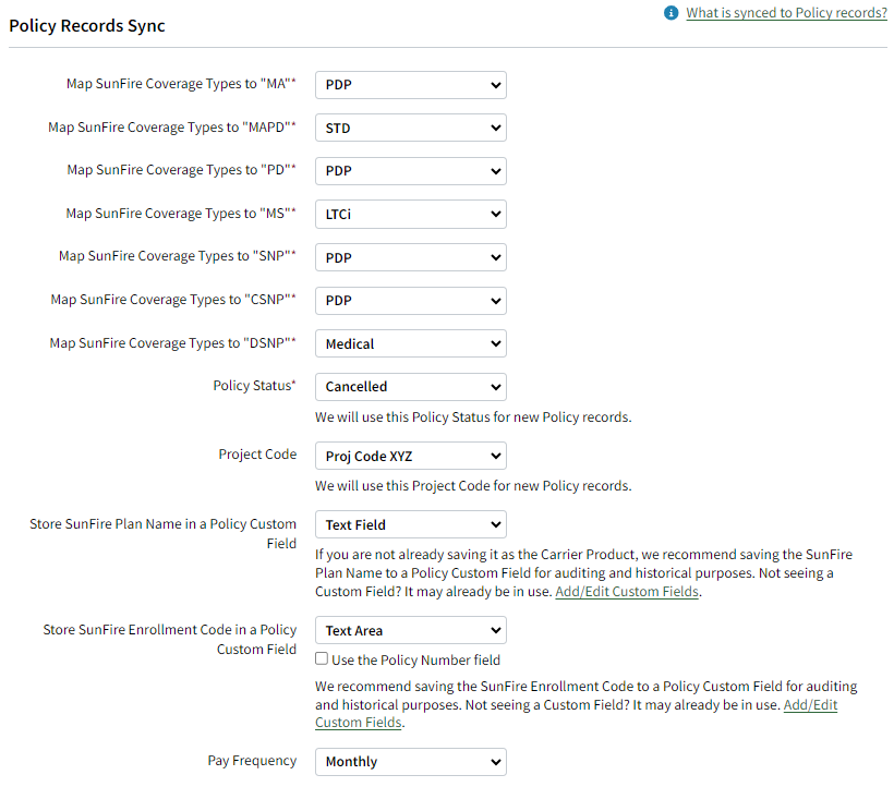 Screenshot showing the Policy enrollment sync settings for the SunFire integration