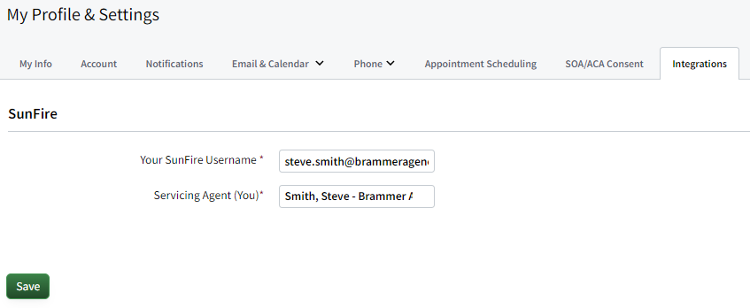 Screenshot showing the SunFire username and Servicing Agent in My Account settings