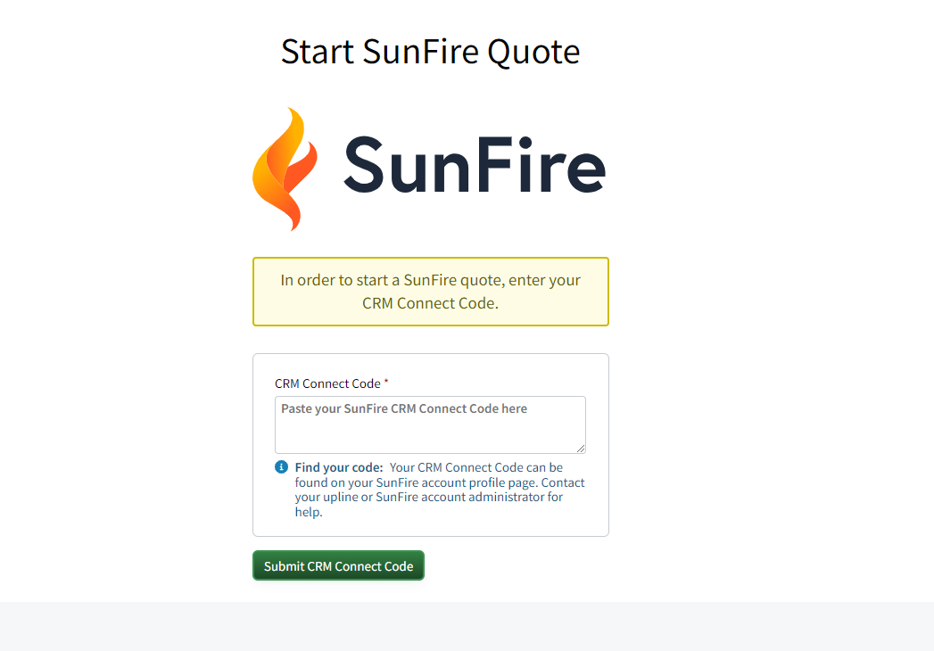 Screenshot showing where to enter the SunFire CRM Connect Code when running a quote for the first time