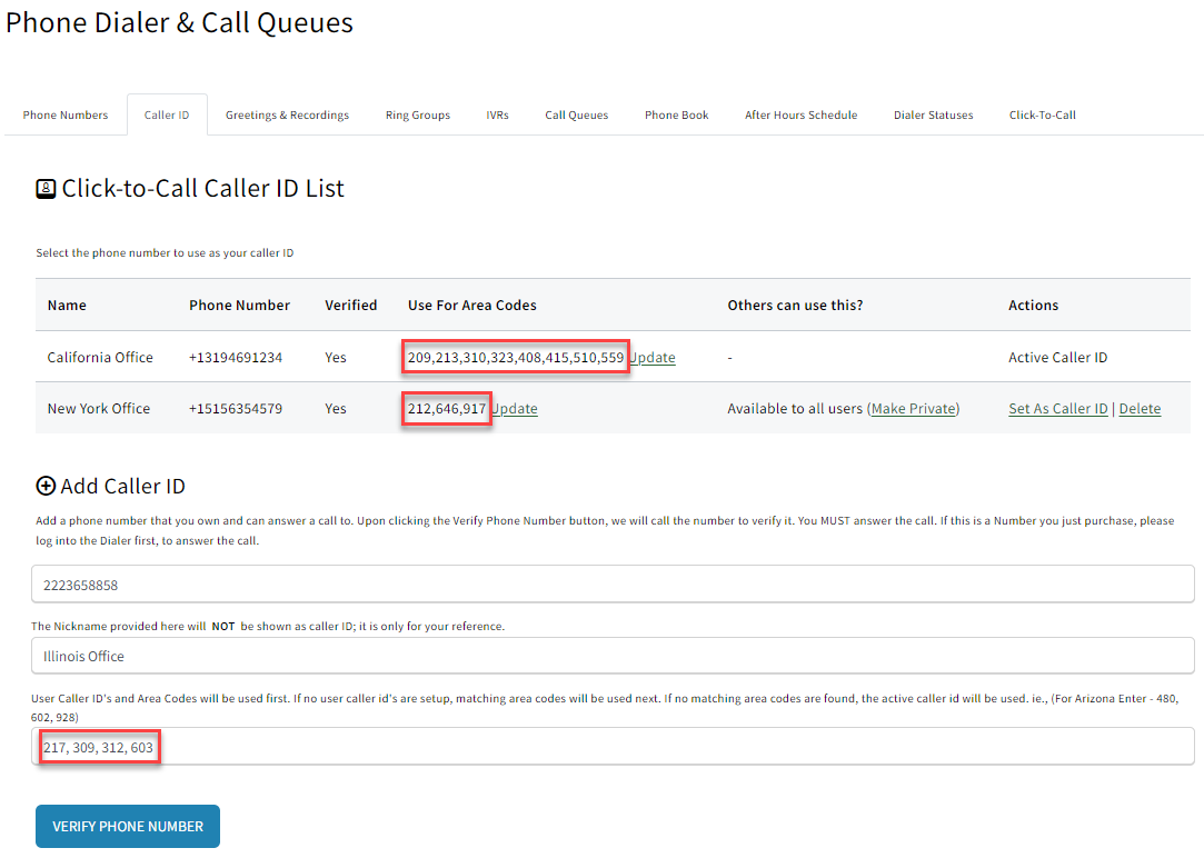 Screenshot showing how to assign caller id for different area codes