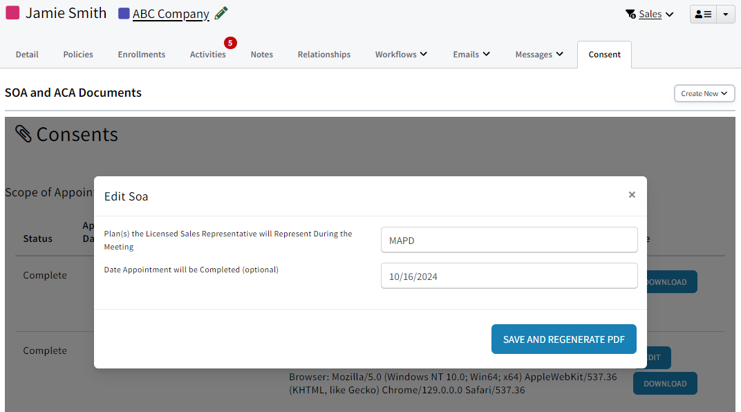 Screenshot showing the Edit Soa modal where the user may edit the plans discussed and appointment date completed fields
