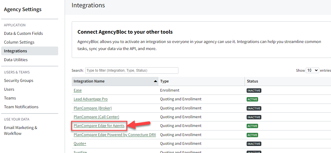 Screenshot showing PlanCompare Edge for Agents in the integrations list