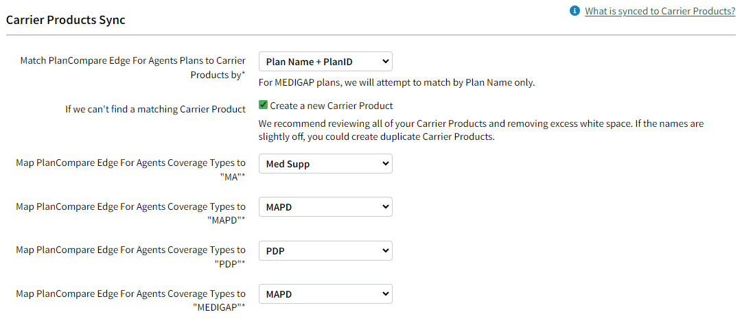 Screenshot showing the integration's Carrier Product enrollment sync settings