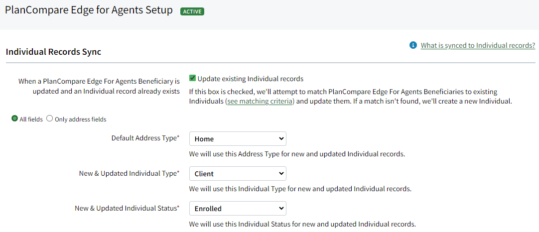 Screenshot showing the integration's Individual enrollment sync settings