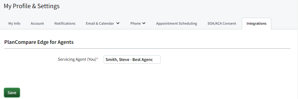 Screenshot showing where to specify the Servicing Agent for new Policy Records created by the integration in My Account settings