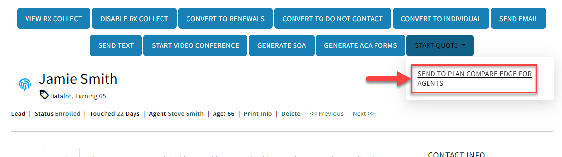 Screenshot showing how to initiate a quote on a Sales Record