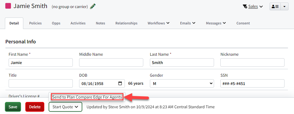 Screenshot showing how to initiate a quote on an Individual Record
