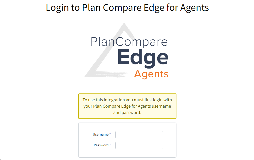 Screenshot showing Connecture's login screen when initiating a quote for the first time, requiring the user's PlanCompare for Edge username and password