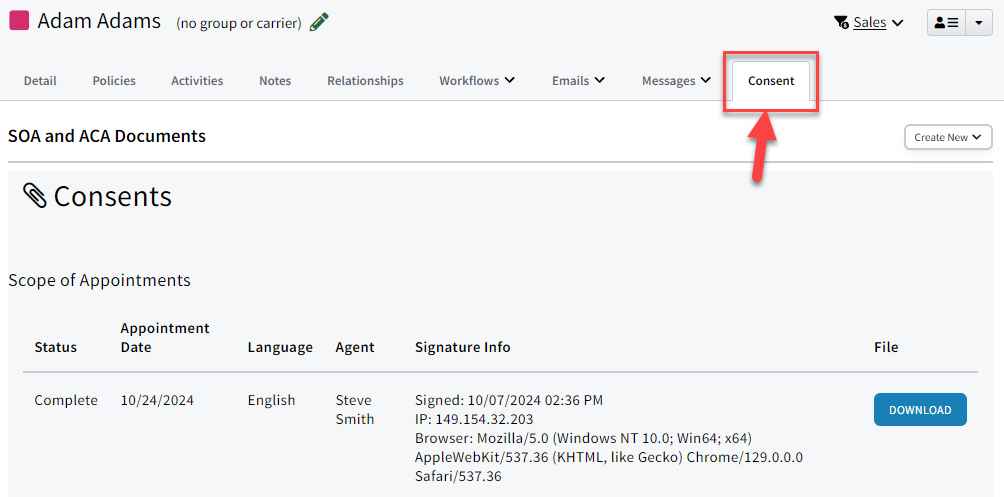 Screenshot highlighting the Consent tab on an Individual Record