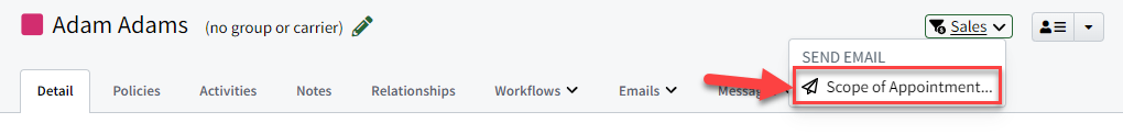 Screenshot showing how to generate a Scope of Appointment from the Sales menu on an Individual Record