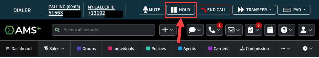 Screenshot showing the Hold button in the Phone Dialer interface