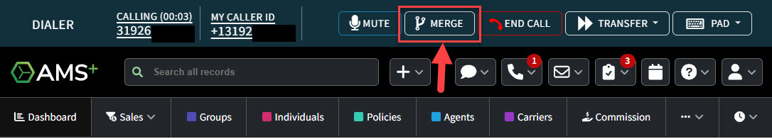 Screenshot showing how to merge two calls