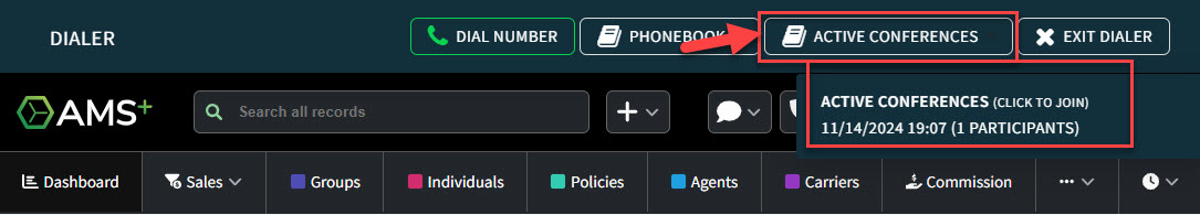Screenshot showing how to view active conference calls