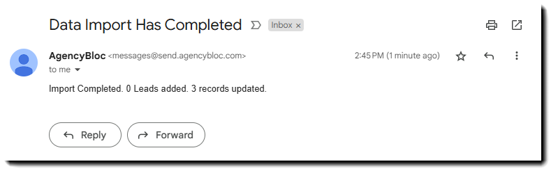 Screenshot showing the email notification when an import is finished