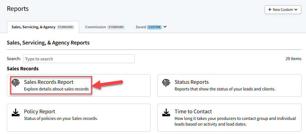 Screenshot showing the Sales Record Report