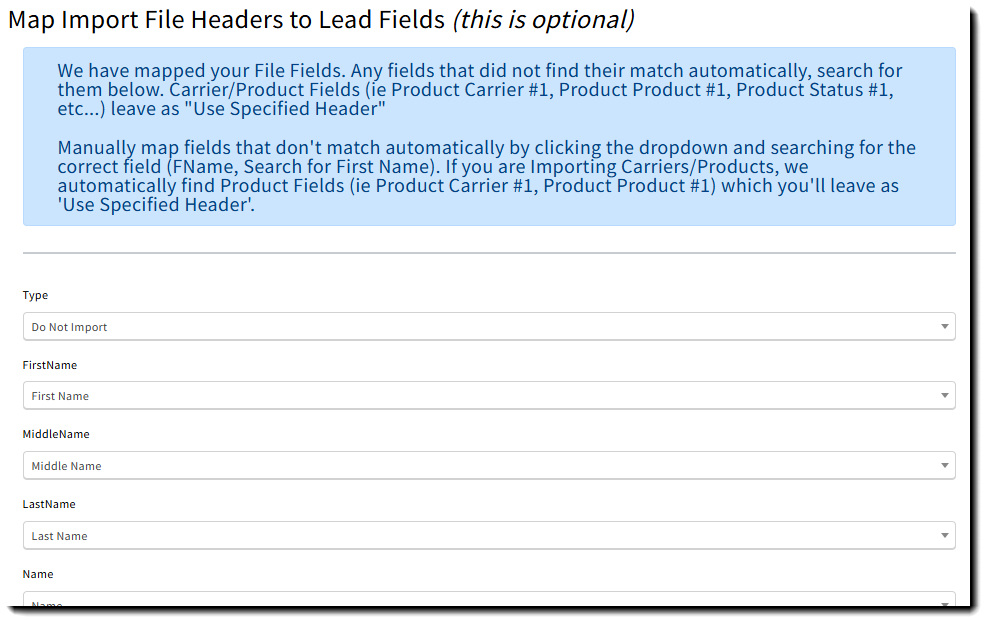 Screenshot showing the import's field mappings