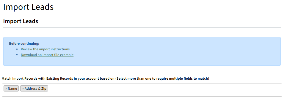 Screenshot showing the import's matching criteria