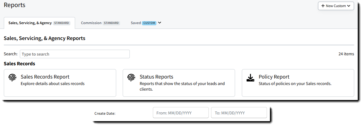 Screenshot showing where to run the Sales Records Report and emphasizing the Create Date