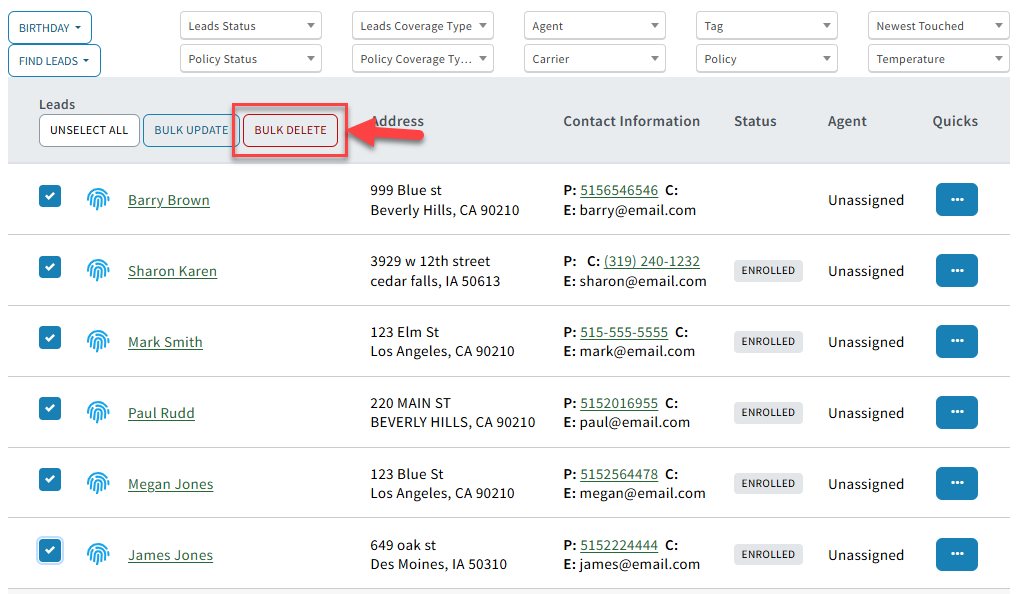 Screenshot showing how to bulk delete Sales Records from a Lead List