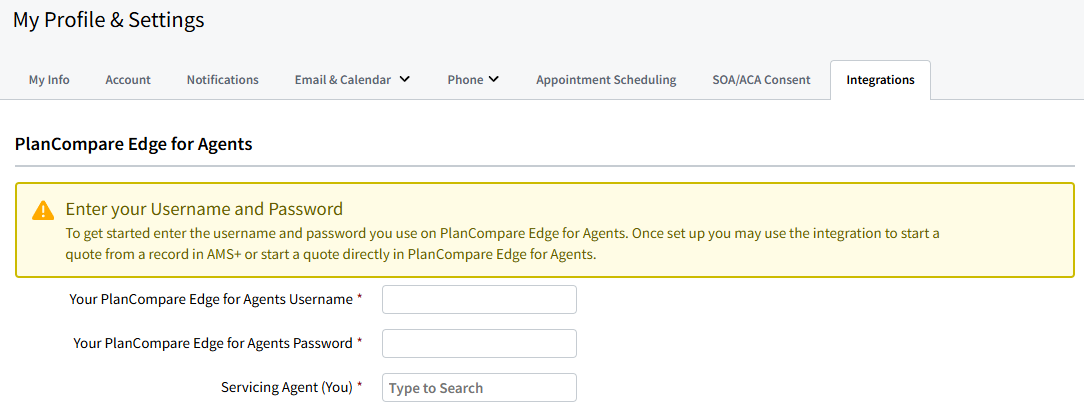 Screenshot showing where to enter PlanCompare Edge for Agents login credentials in My Account settings