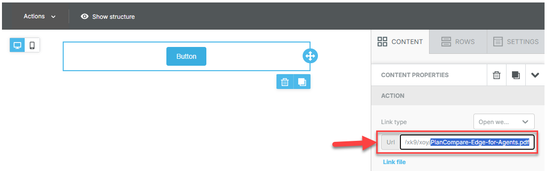 Screenshot highlighting the filename of an uploaded file in the BUTTON's URL field