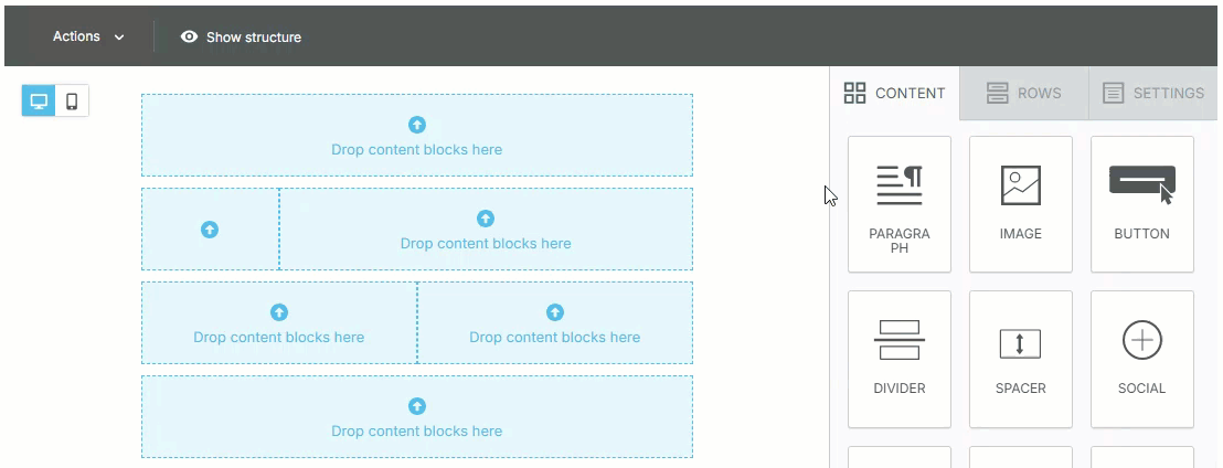 Animated image showing how to add content blocks from the Content panel into an email template by dragging and dropping