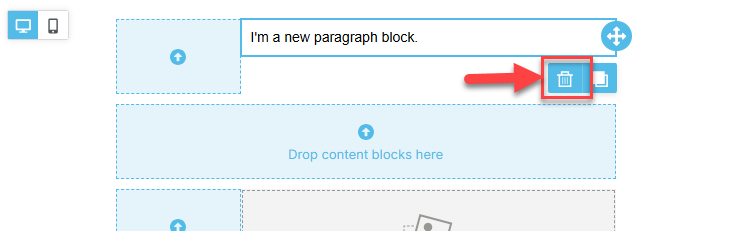 Screenshot showing how to delete a content block from an email template
