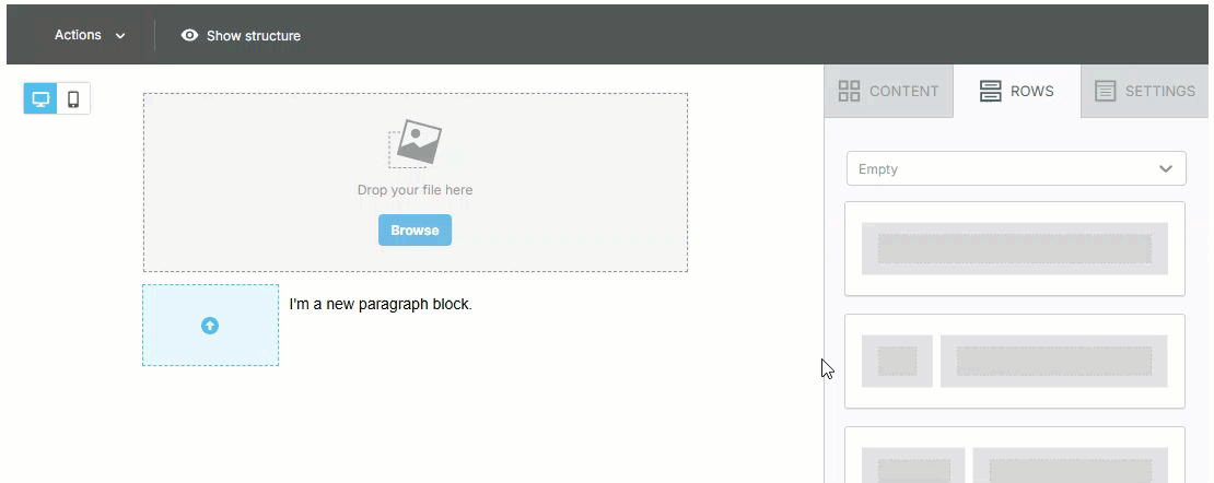 Animated image showing how to add rows from the Rows panel into an email template by dragging and dropping