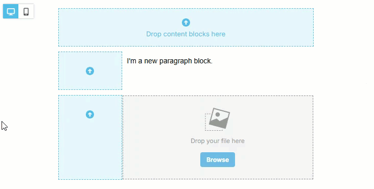 Animated image showing how to move rows around in an email template by draggin and dropping
