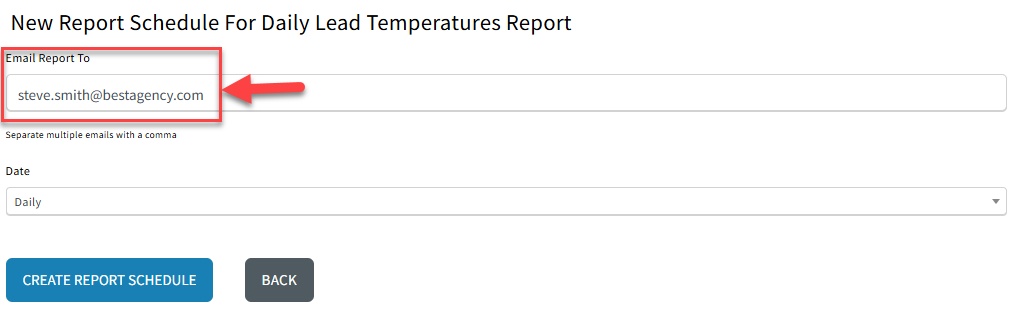 Screenshot showing where to add the email address(es) that you want to receive the report