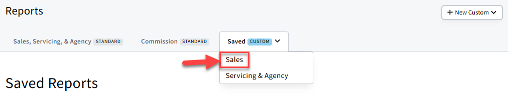 Screenshot showing how to navigate to saved Custom Sales Reports