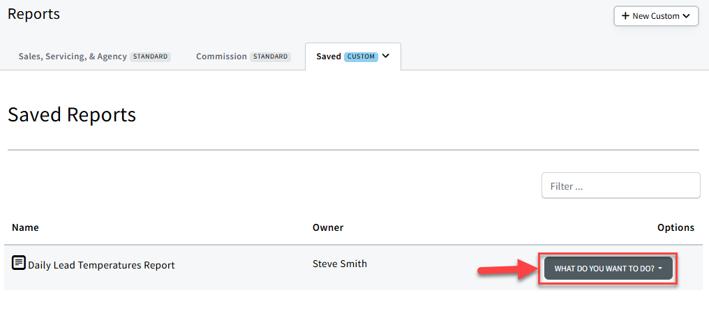 Screenshot showing how to access a saved Custom Sales Reports report options