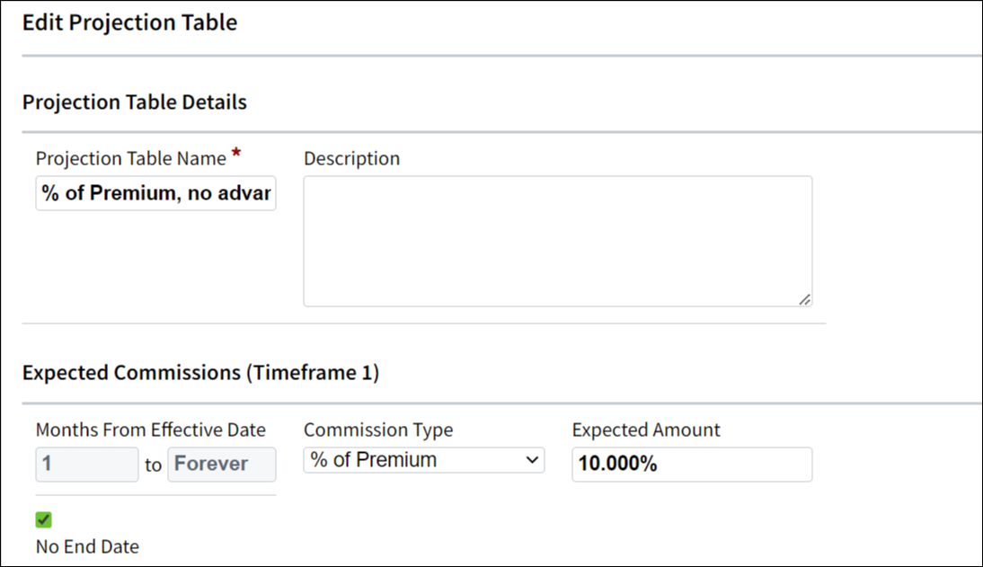 Screenshot showing an example of a Projection Table for the scenario percent of premium, no change after the first year, no-advances, as earned