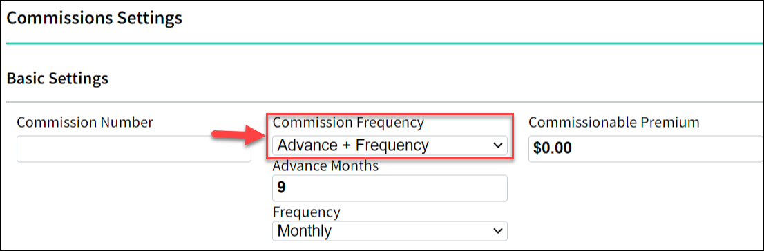 Screenshot showing the Commission Frequency field on the Policy Commission Settings tab